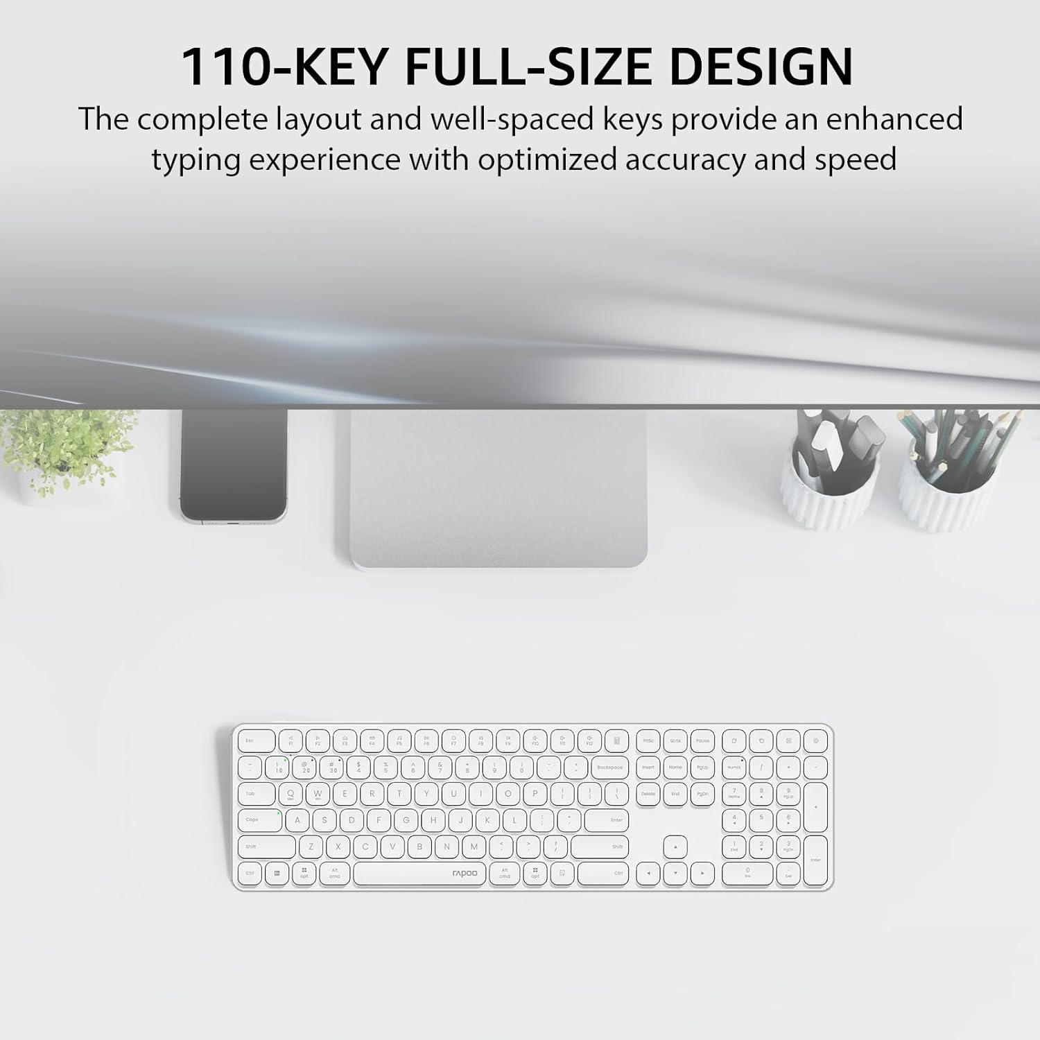 Rapoo E9550L Wireless Multi-mode Ultra-slim 110 Key Keyboard with Bluetooth and 2.4g White
