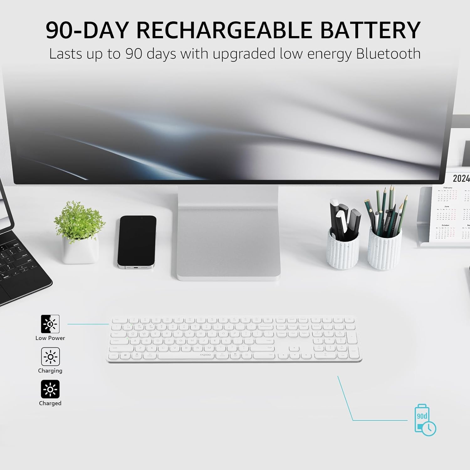 Rapoo E9550L Wireless Multi-mode Ultra-slim 110 Key Keyboard with Bluetooth and 2.4g White