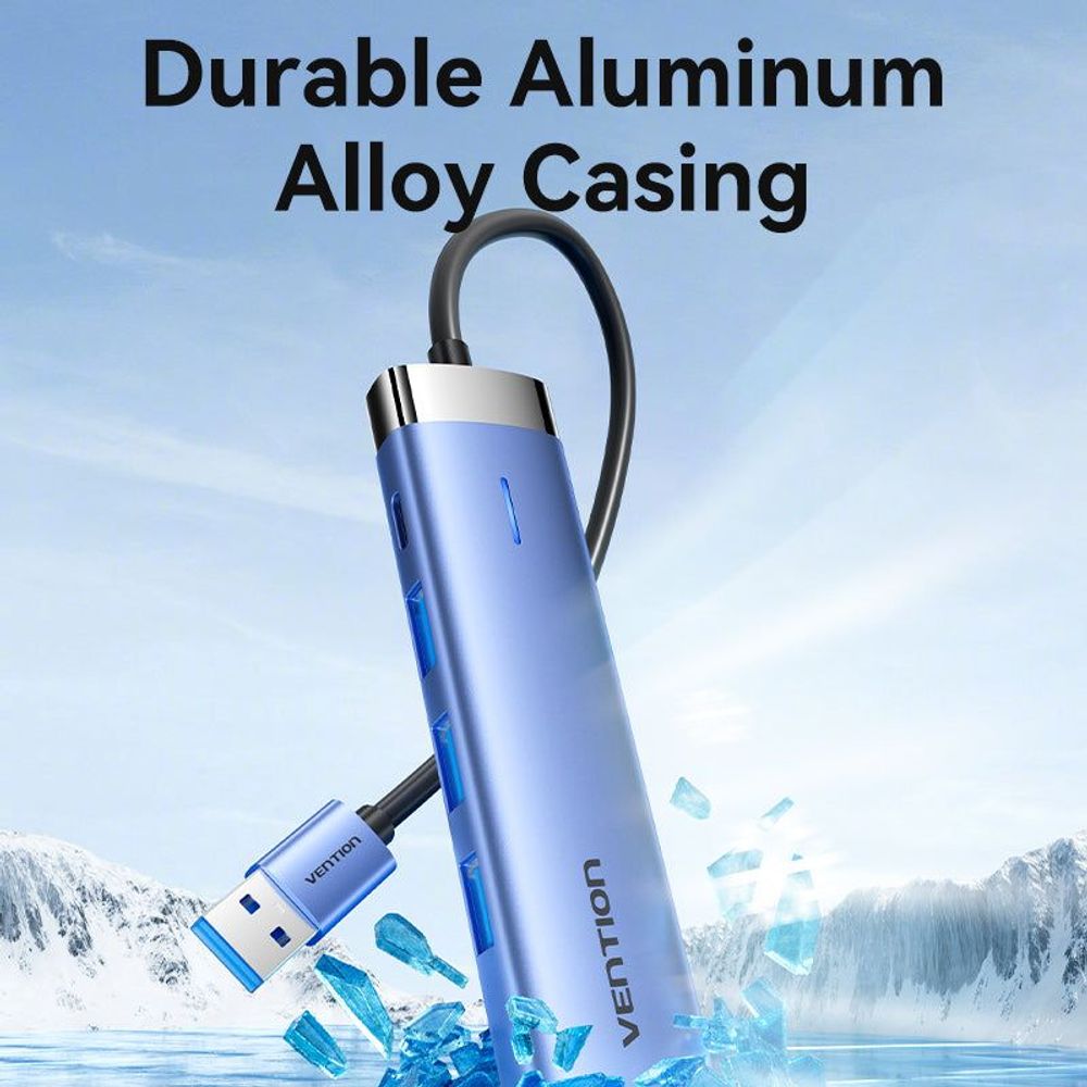 Blue aluminum alloy USB hub with attached cable and compact multiport design