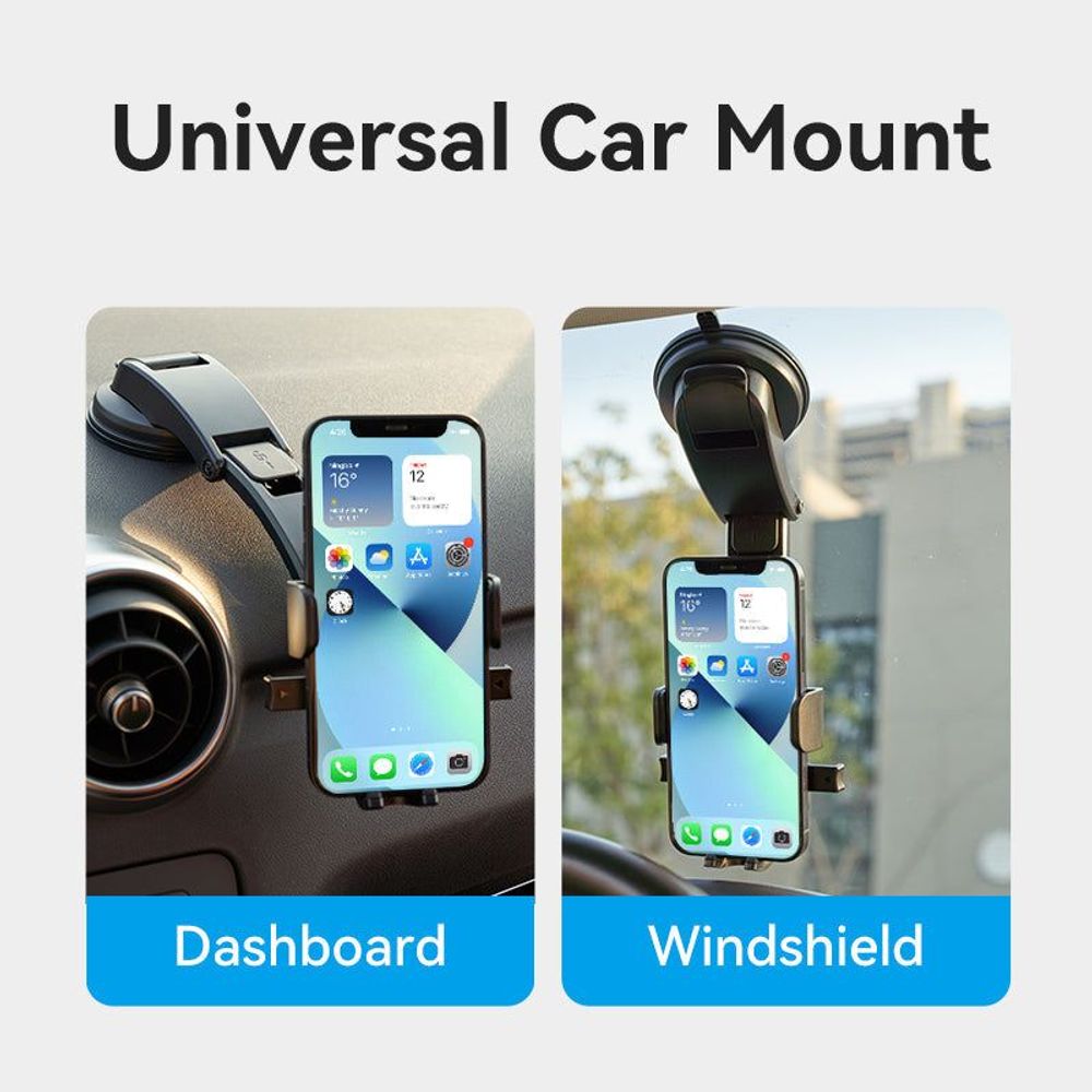 Black universal car phone mount with phone cradle for dashboard and windshield
