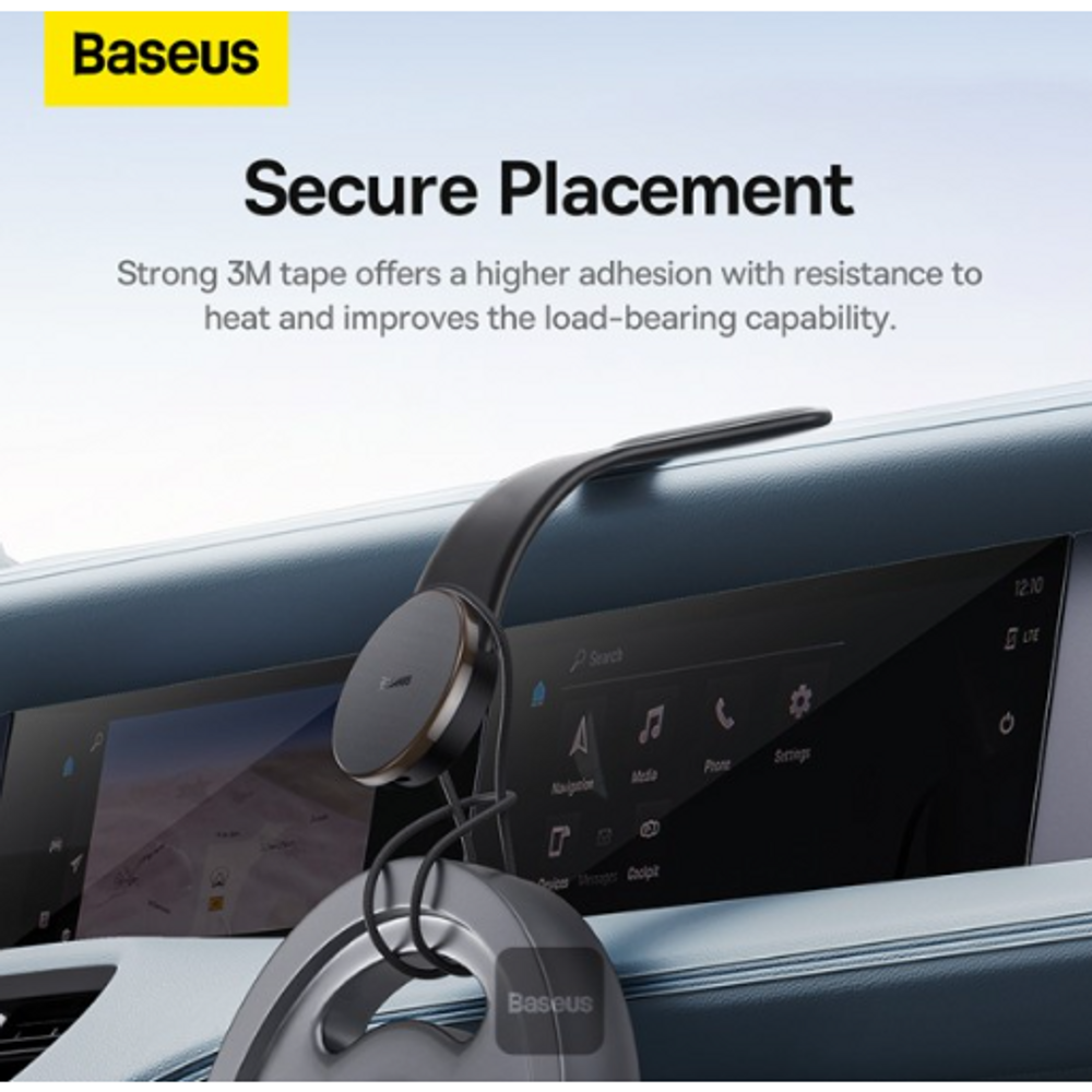 Black magnetic wireless car phone mount with circular base on dashboard