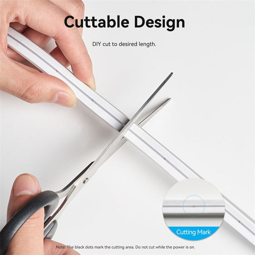 Silicone neon LED strip lights with cuttable design, trimmed with scissors along mark.