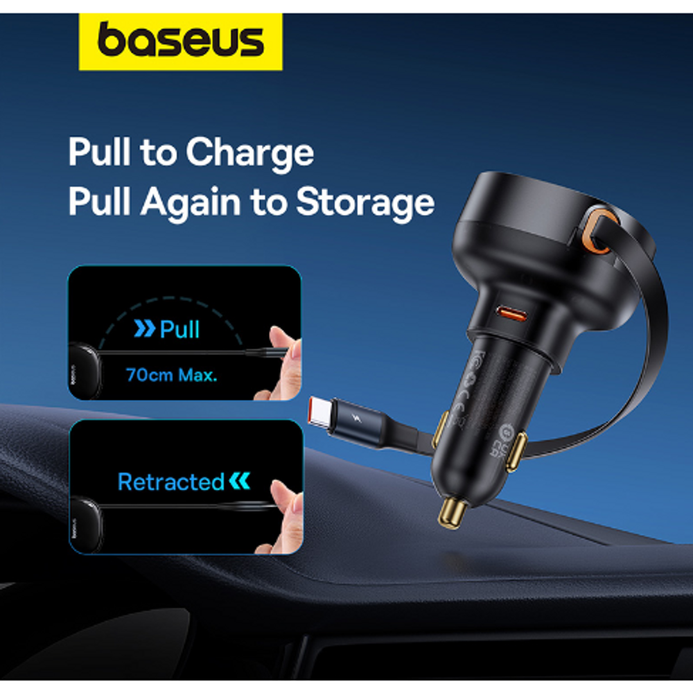 Black retractable car charger with pull-to-charge flexible cable, dual ports