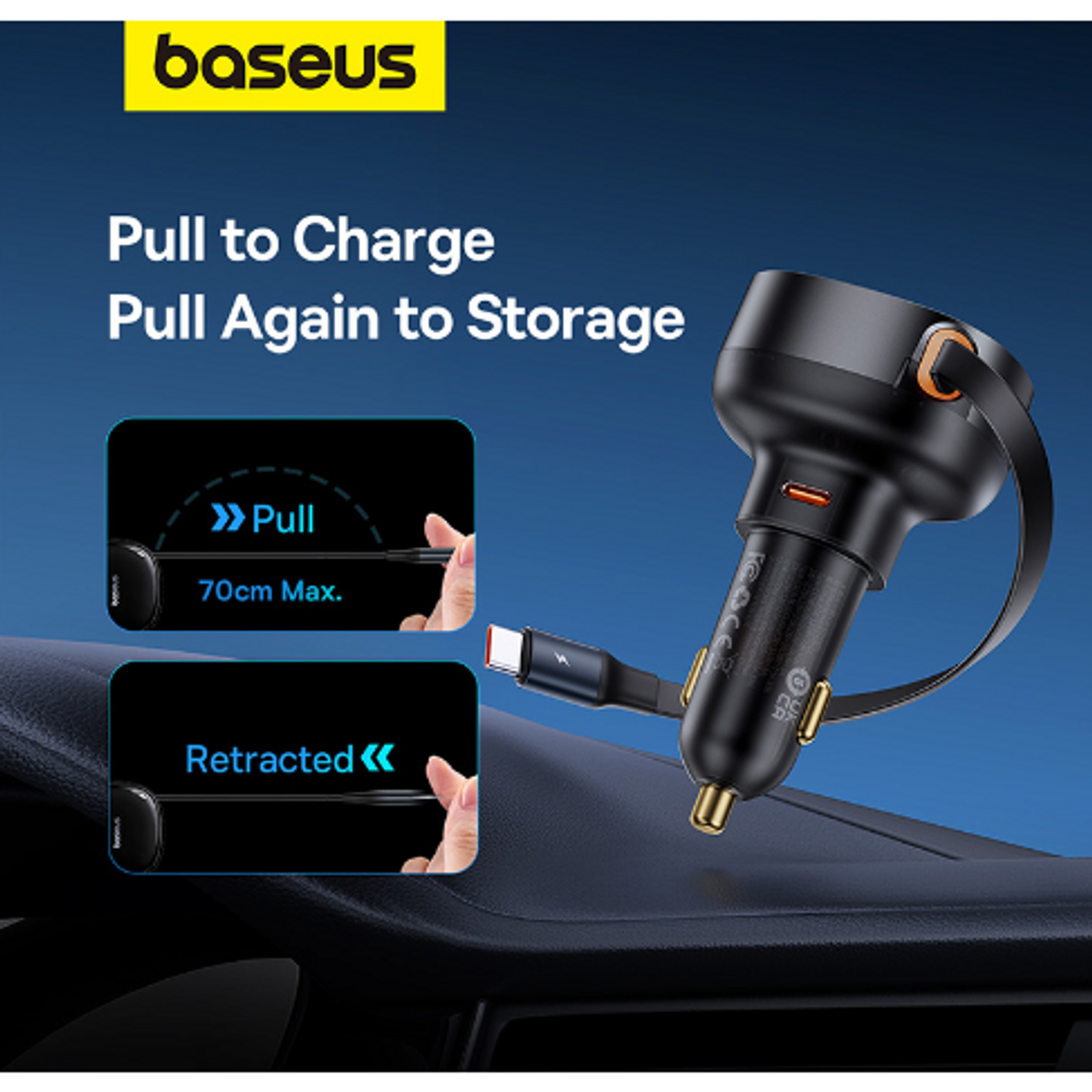 BAS41634 - Baseus Enjoyment Pro Car Charger Retractable USB C & iPhone Cable 60W Cluster Black