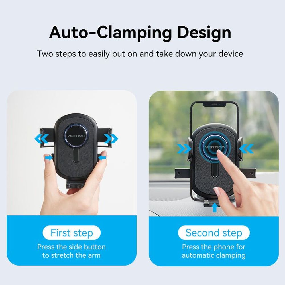 VEN-KSBB0 - Vention One Touch Clamping Car Phone Mount with Suction Cup+Duckbill Clip Black Square Type