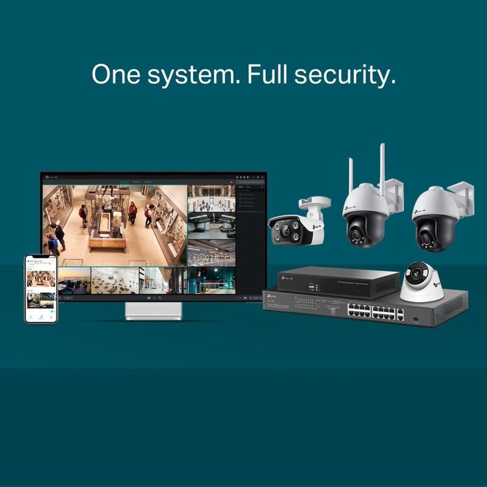 Security system overview with multiple white Wi-Fi cameras, monitor, and mobile preview