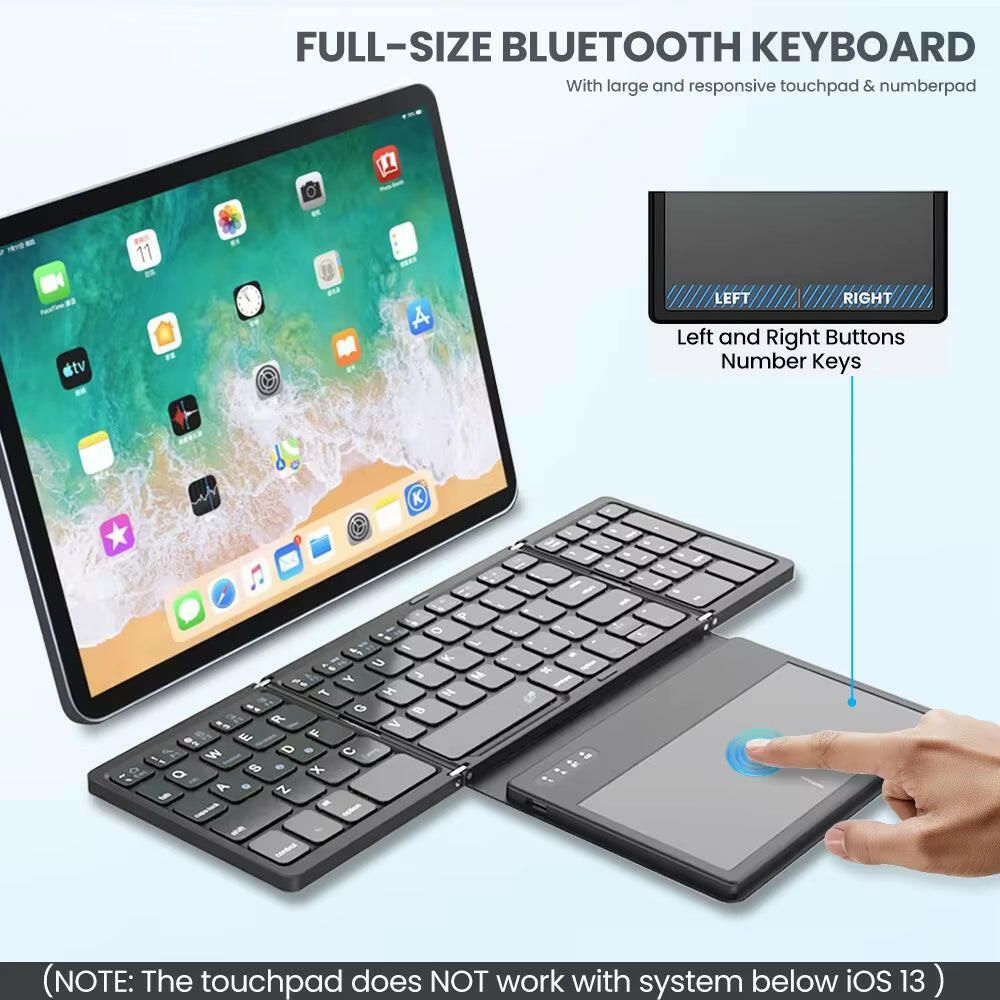 Portable Quadruple Folding Wireless Bluetooth Keyboard with Integrated Touchpad for Tablets and Smartphones