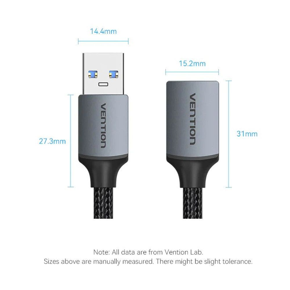 Vention Cotton Braided USB 3.0 Type A Male to Female Extension Cable 2M Gray Aluminum Alloy Type