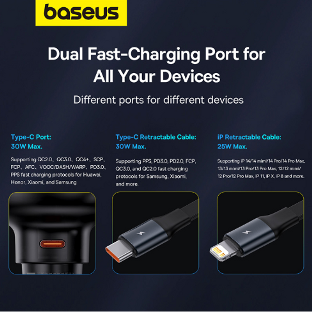 Black dual-port car charger with retractable USB-C and Lightning cables