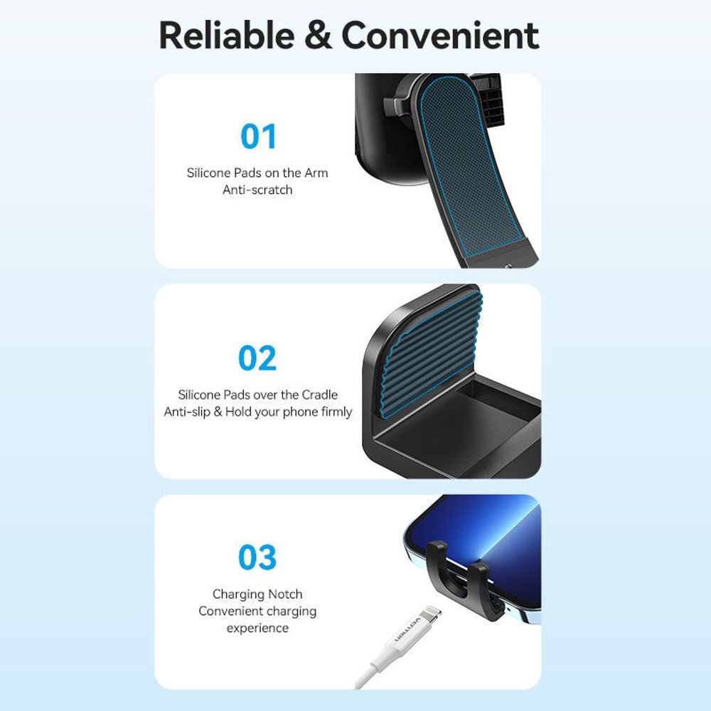 Black car phone mount with silicone anti-scratch pads and charging notch