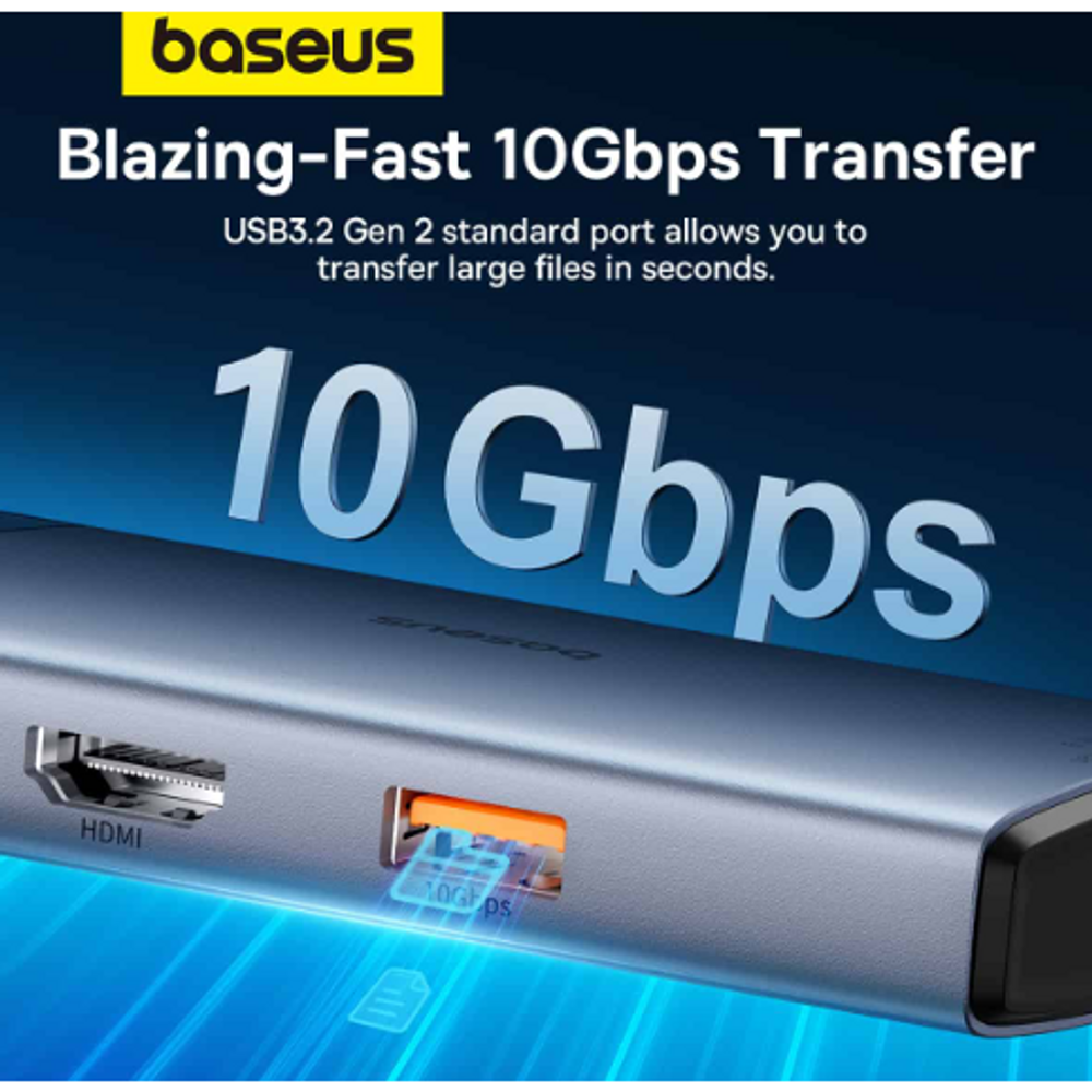 Space grey USB-C hub with 10Gbps transfer ports and HDMI connection