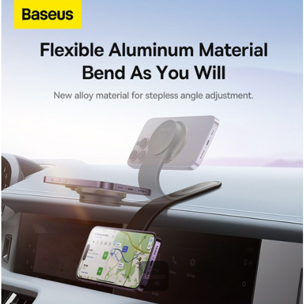 Car dashboard magnetic phone charging mount with flexible adjustable curved arm