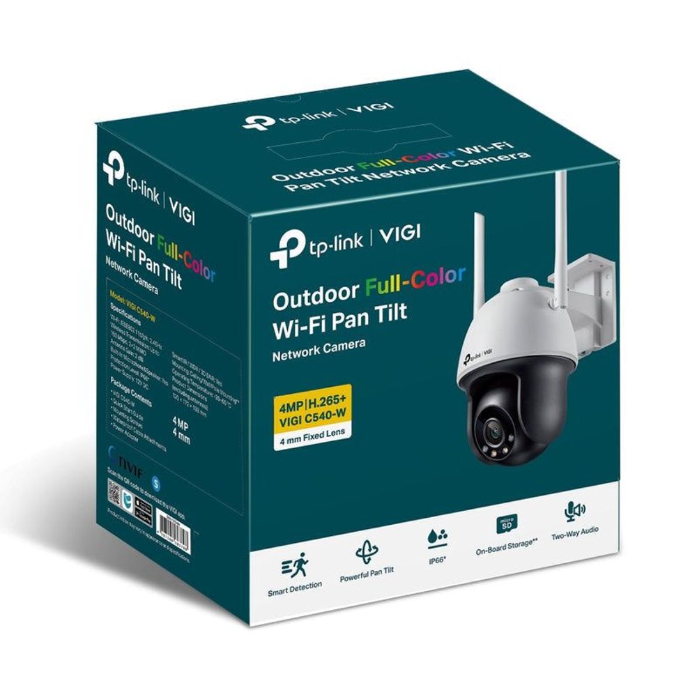 Outdoor Full-Color Wi-Fi pan-tilt camera retail box with image of the camera