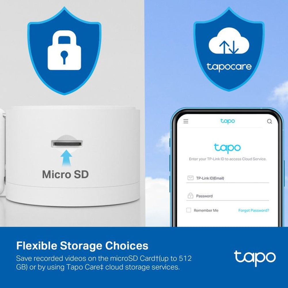 Security camera storage graphic with microSD and app login screen overlay