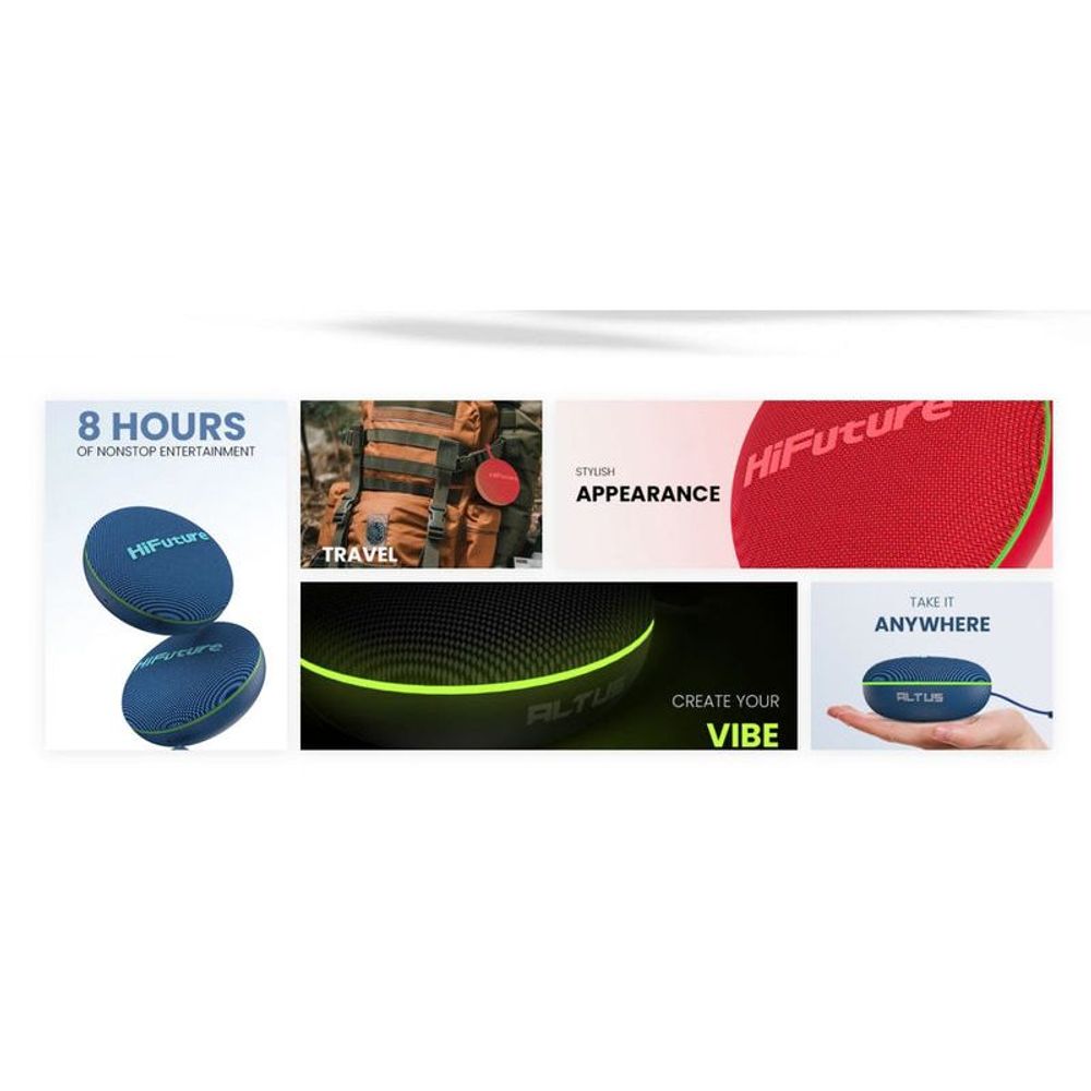 Mini portable Bluetooth speaker with neon green LED ring in a promotional layout