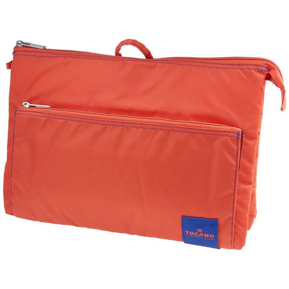 Orange slim shoulder bag with dual zip compartments and front logo patch.