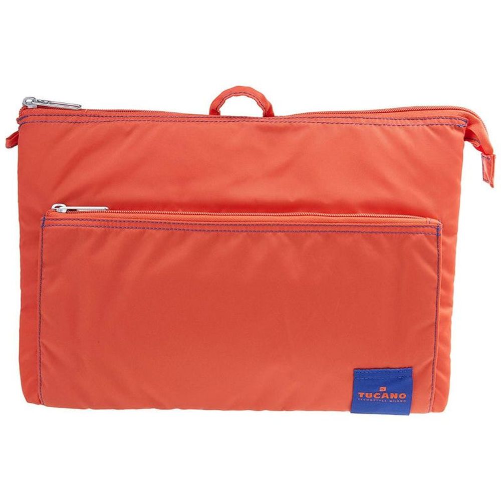 Orange slim shoulder bag with top handle and front zip pocket, blue logo patch.