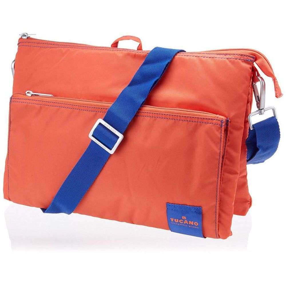 Orange slim shoulder bag with blue shoulder strap and metal hardware, zip pockets.