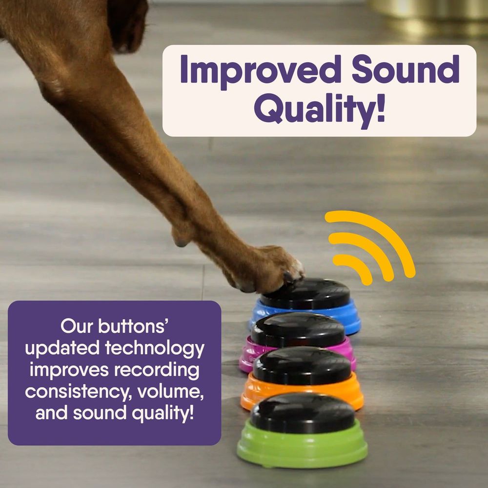 Talking pet buttons stacked with black tops and colored bases; dog paw activating