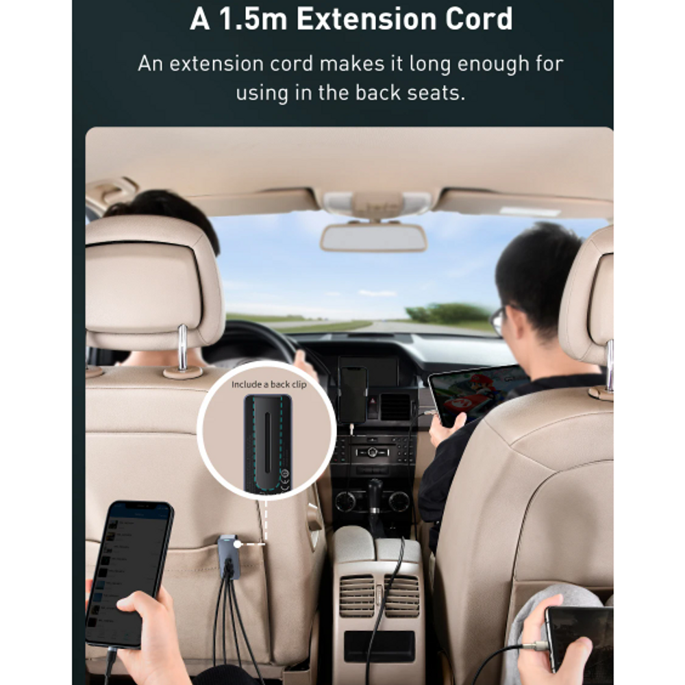 1.5 m car charger extension cord reaching back seats for phone charging