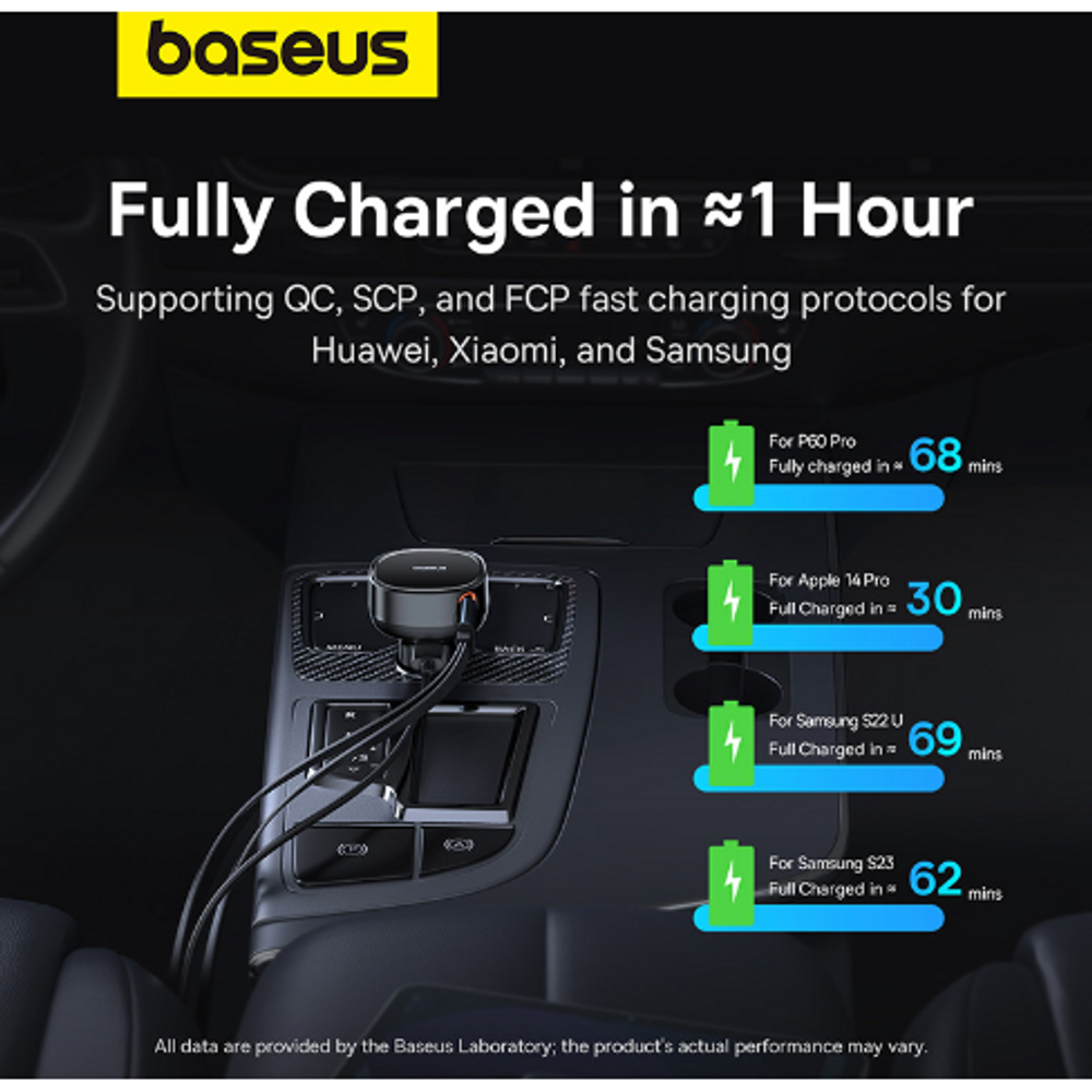 Black dual-port car charger with retractable USB cable