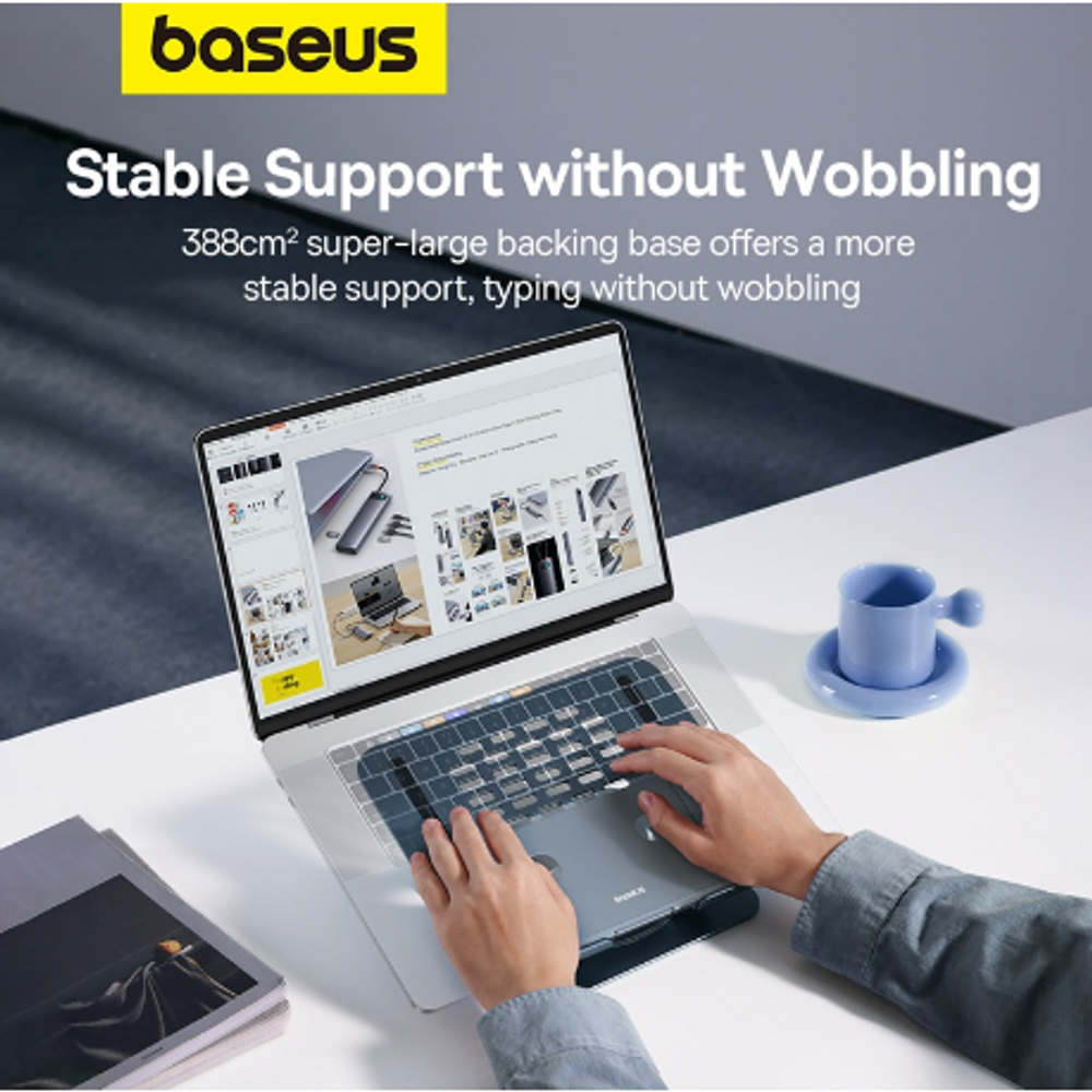 Space grey laptop stand with wide backing base for stable typing