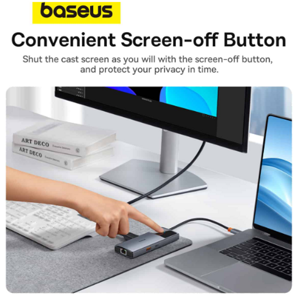 Space grey USB-C hub with screen-off button and braided cable