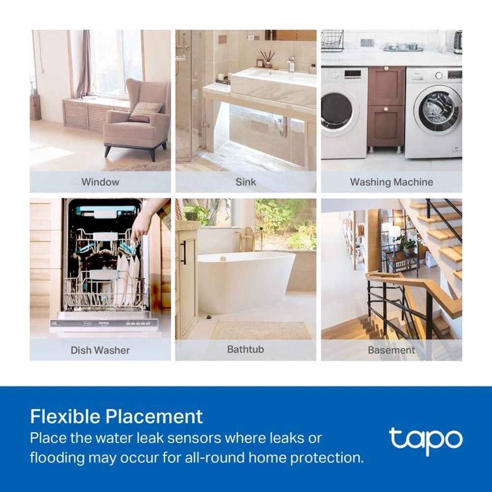 TP-Link Tapo smart water leak sensors shown for home placement around sink, tub, and more