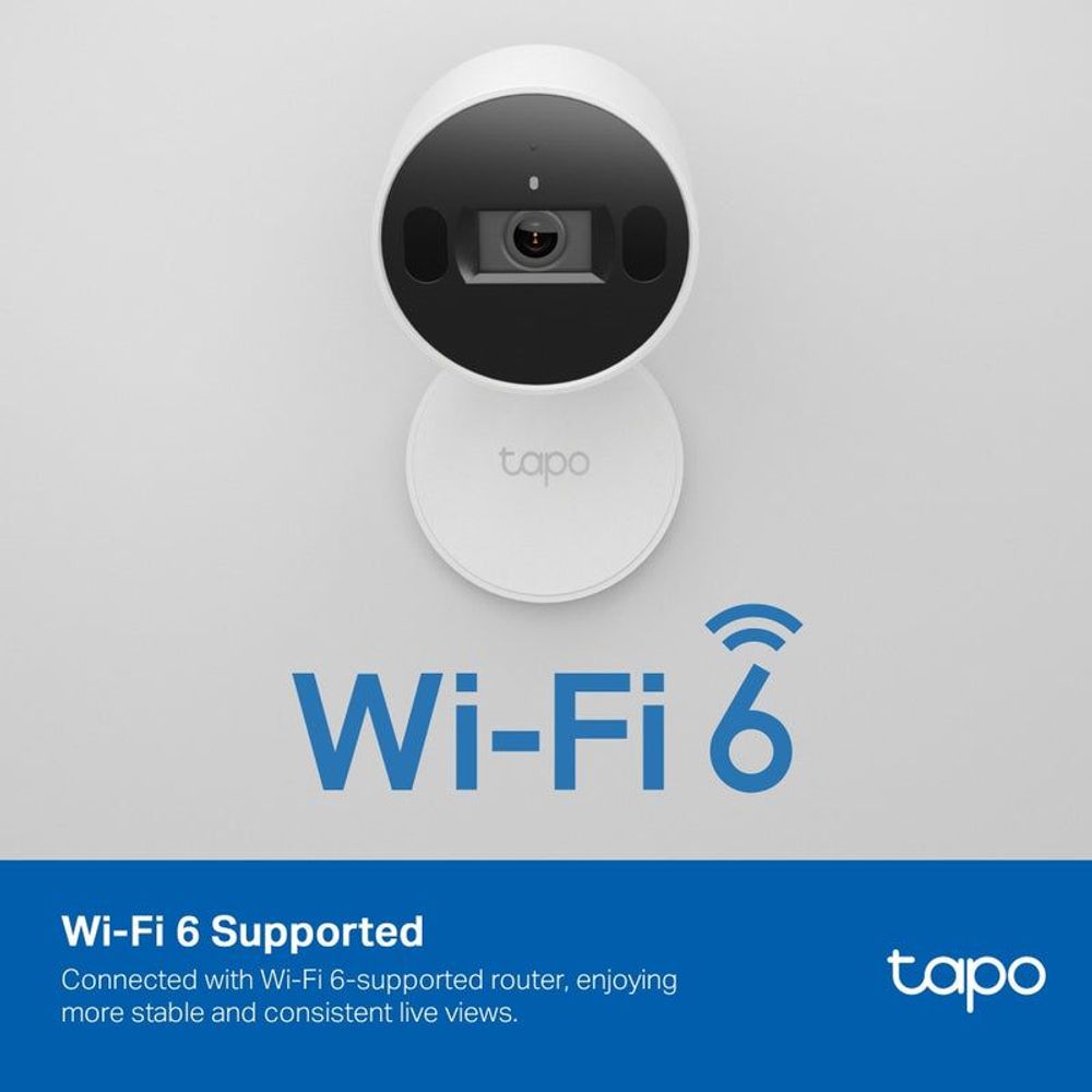 White indoor security camera with Wi-Fi 6 support indicator and front lens