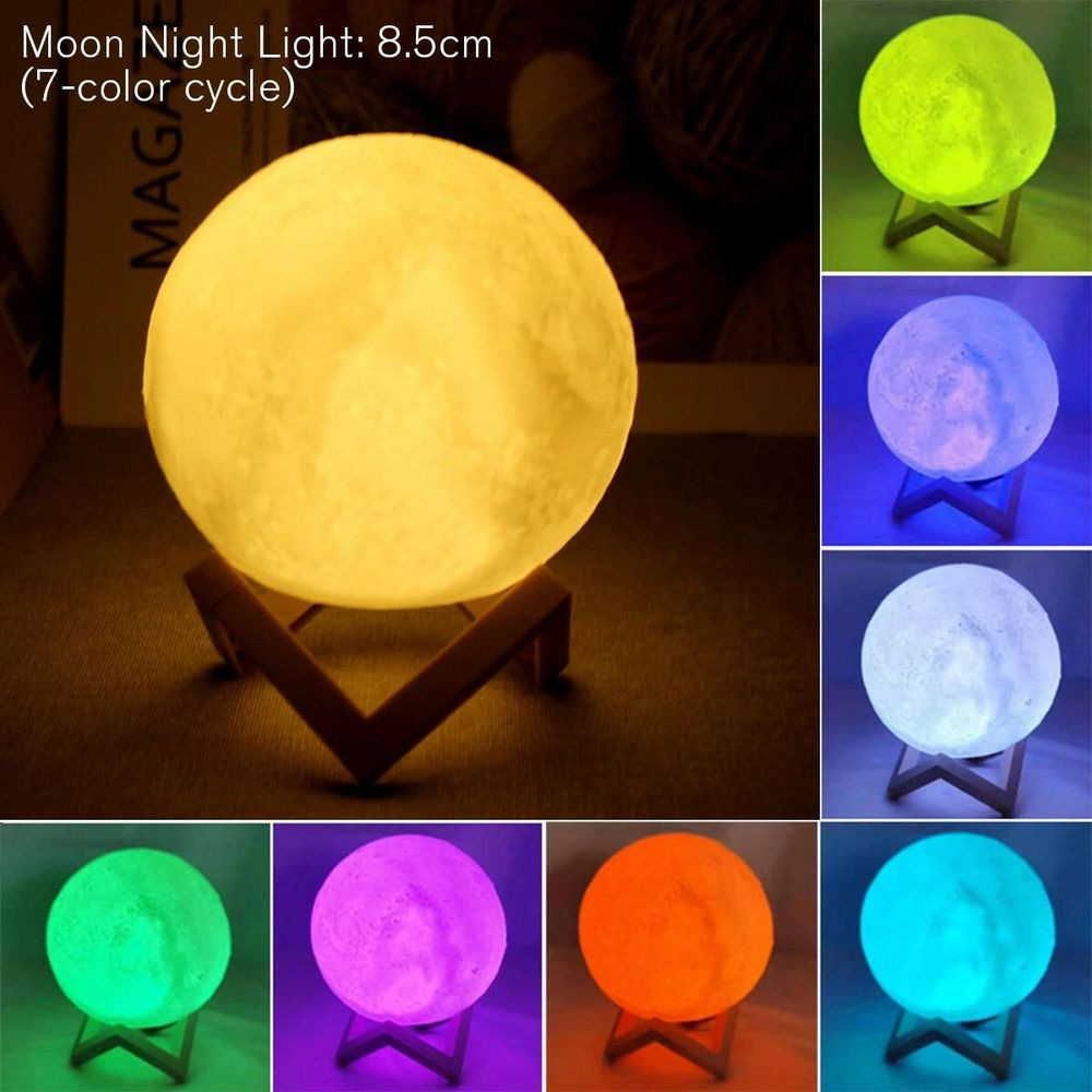 D5 8cm LED Moon Lamp with Stand - Battery Operated Starry Night Light for Bedroom Decor