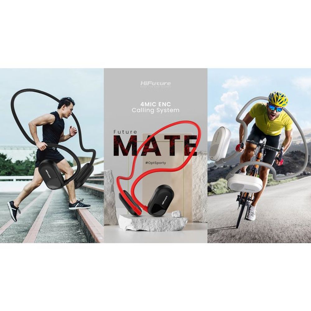 HiFuture FutureMate sport earphones promo showing 4MIC ENC calling system