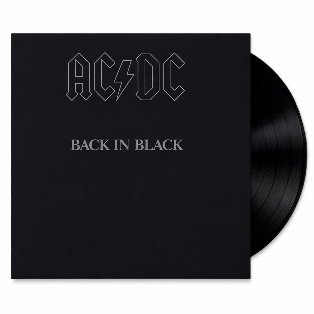 Back In Black vinyl record by AC/DC, black sleeve and black vinyl disc