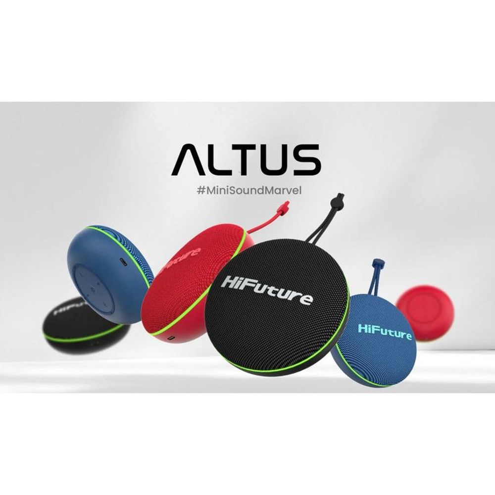 ALTUS blue portable Bluetooth speaker with neon green trim and carrying loop