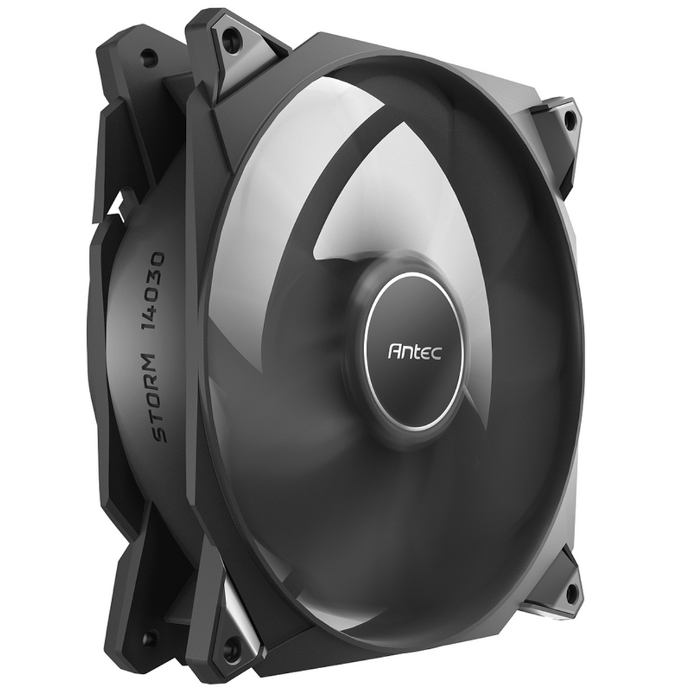Antec Storm T3 140mm FDB fan, close angled view with black frame and silver center hub