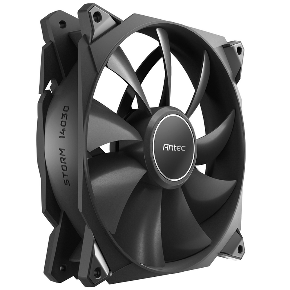 Antec Storm T3 140mm FDB fan, angled view showing black blades and side STORM 14030 text