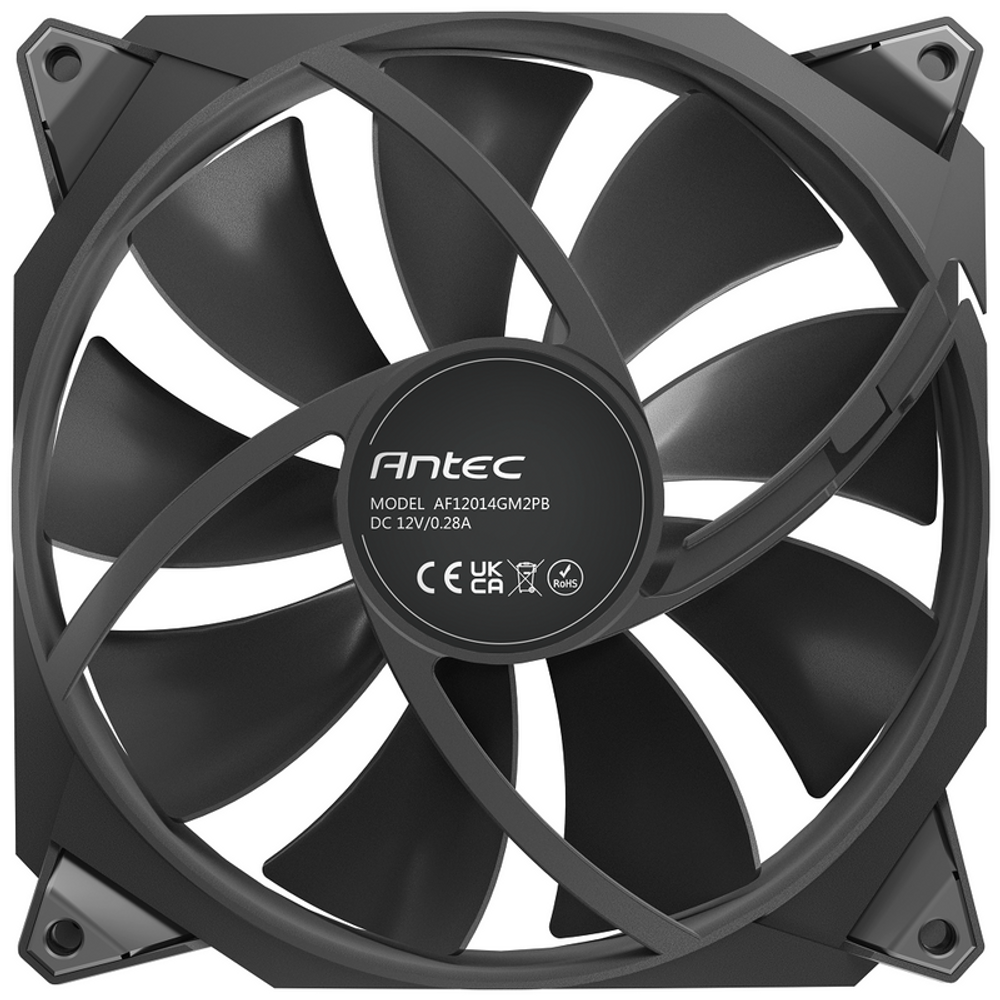 Antec Storm T3 140mm FDB fan, hub with model label and certification icons on black face
