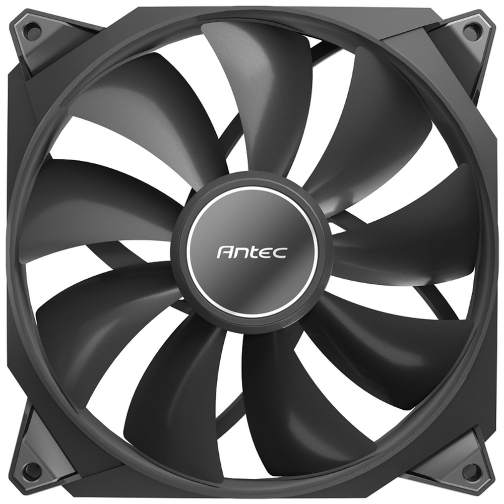Antec Storm T3 140mm FDB case fan, top view with black blades and silver-ring Antec hub