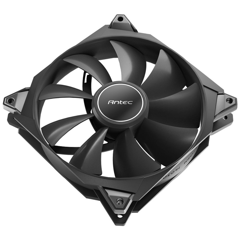 Antec Storm T3 140mm FDB fan, three-quarter view with black square mounting corners