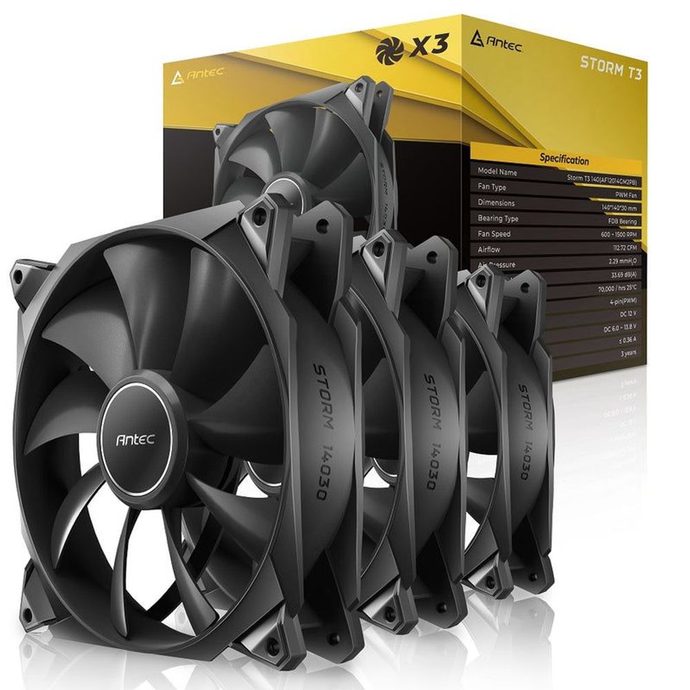 Antec Storm T3 3-pack retail box with three black 140mm FDB fans shown