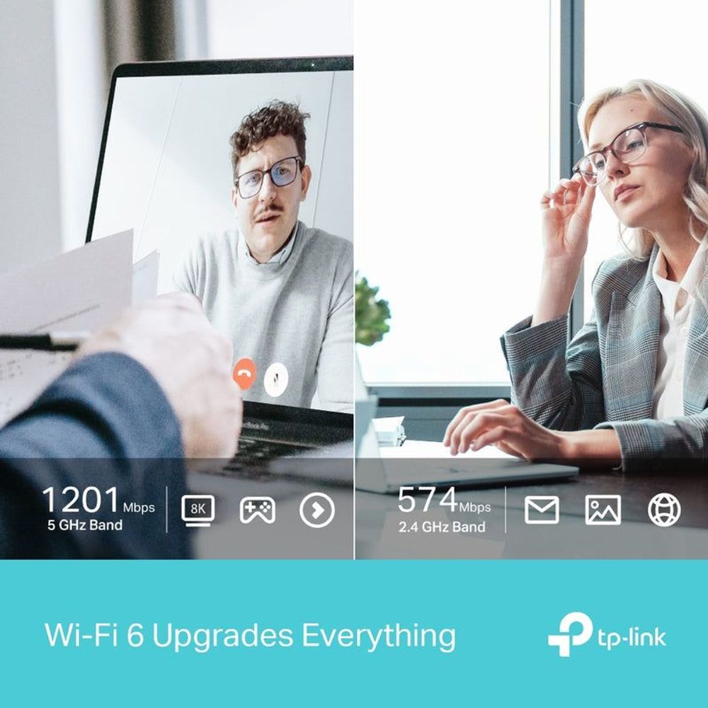 Wi‑Fi 6 upgrade banner showing two people using computers and mobile services
