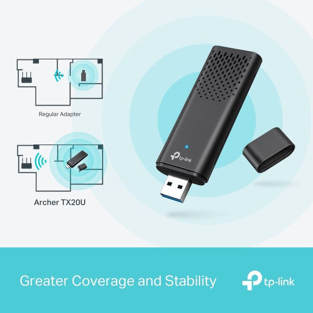 Black Wi‑Fi 6 USB adapter with USB plug and illustrated coverage diagram
