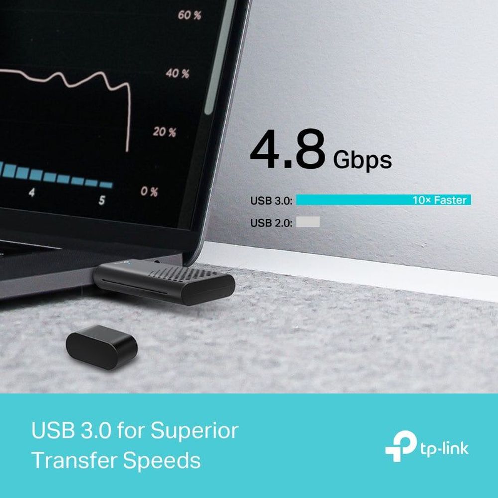 Wi‑Fi 6 USB adapter plugged into a USB port beside a monitor displaying speed