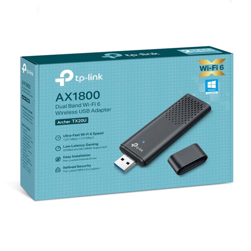 TP-Link Wi‑Fi 6 AX1800 dual-band wireless USB adapter retail box with adapter shown