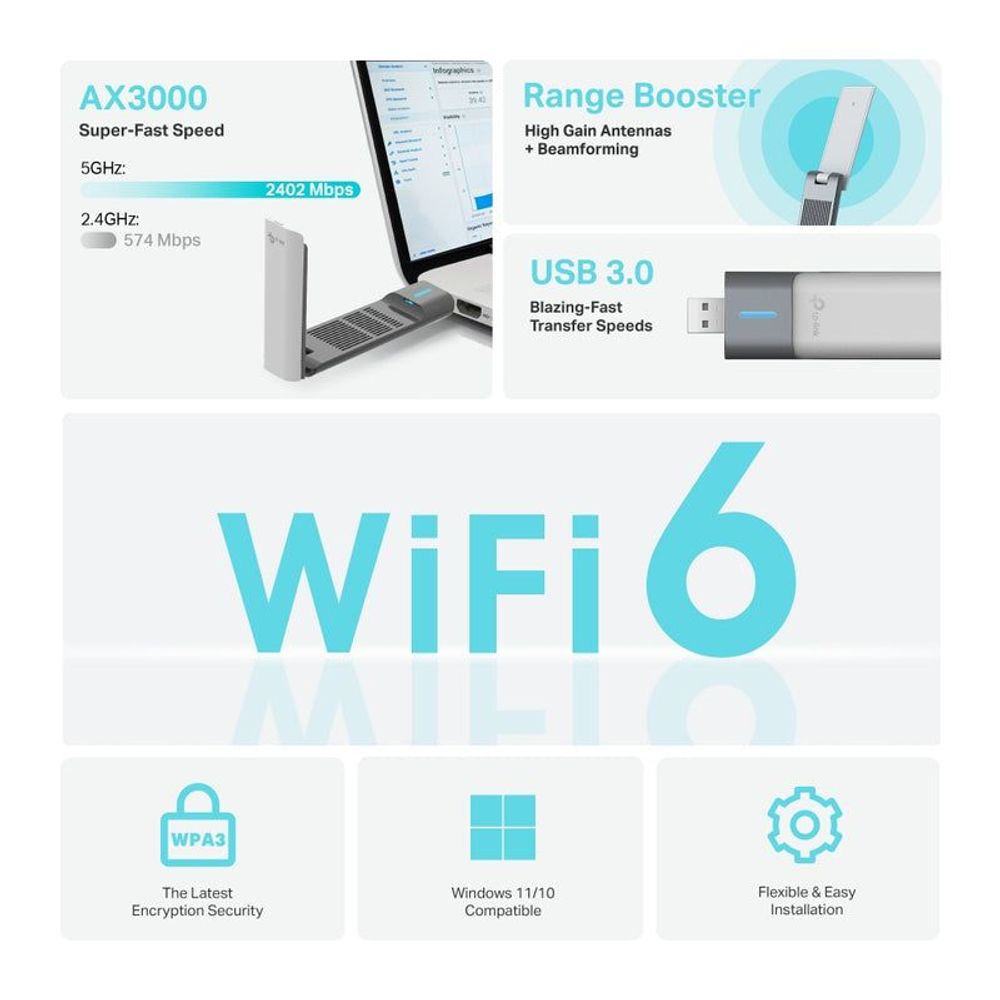 TP-Link Archer TX50UH WiFi USB adapter promotional view with antenna and base