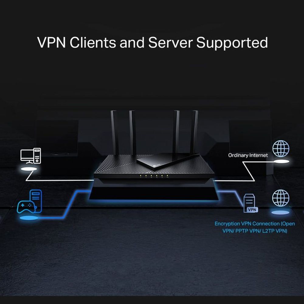 TP-Link router graphic highlighting VPN clients and server support