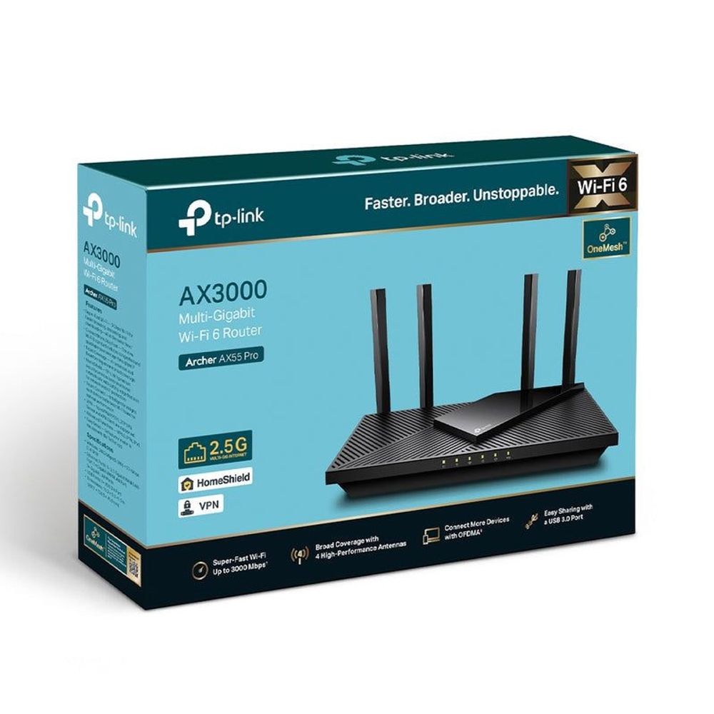TP-Link Archer AX3000 Wi‑Fi 6 router retail box with four-antenna image