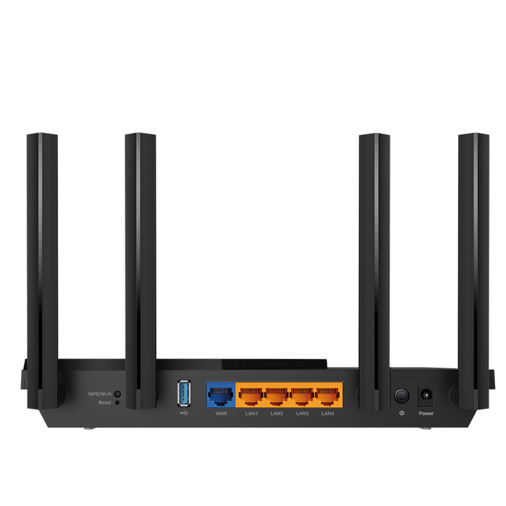 Wi‑Fi 6 dual-band router rear panel with four antennas, Ethernet ports, power switch