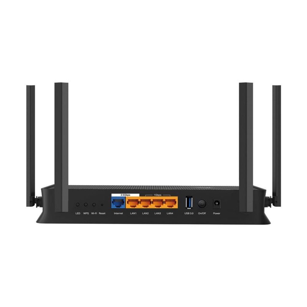 Wi-Fi router rear ports panel with four antennas and LED status strip