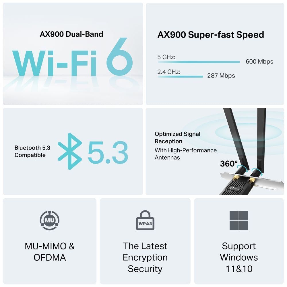 TP-Link Archer TX10E, AX900 Wi-Fi 6 Bluetooth PCIe Adapter