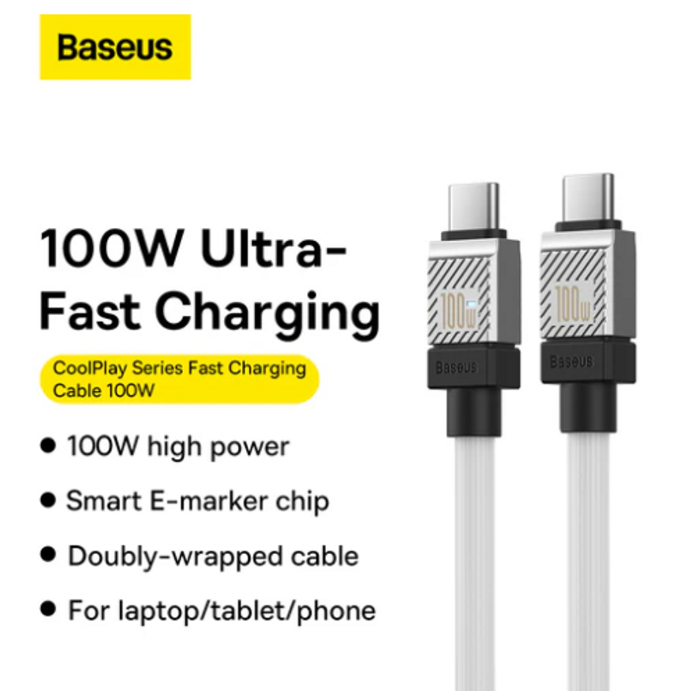White Type-C to Type-C charging cable with two silver connectors and black housings